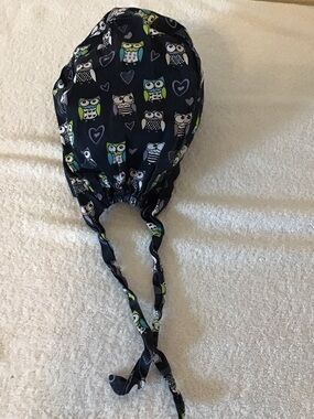 Navy Owl Print Scrub Cap with Ties